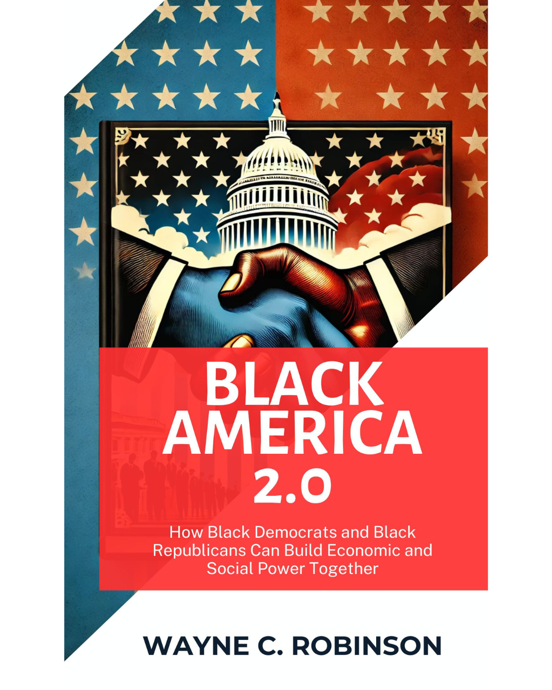 image of state capital with men shaking hands with american flag as backdrop