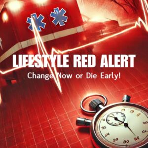 Book cover for 'Lifestyle Red Alert' warning readers to change habits to prevent heart attack and stroke.
