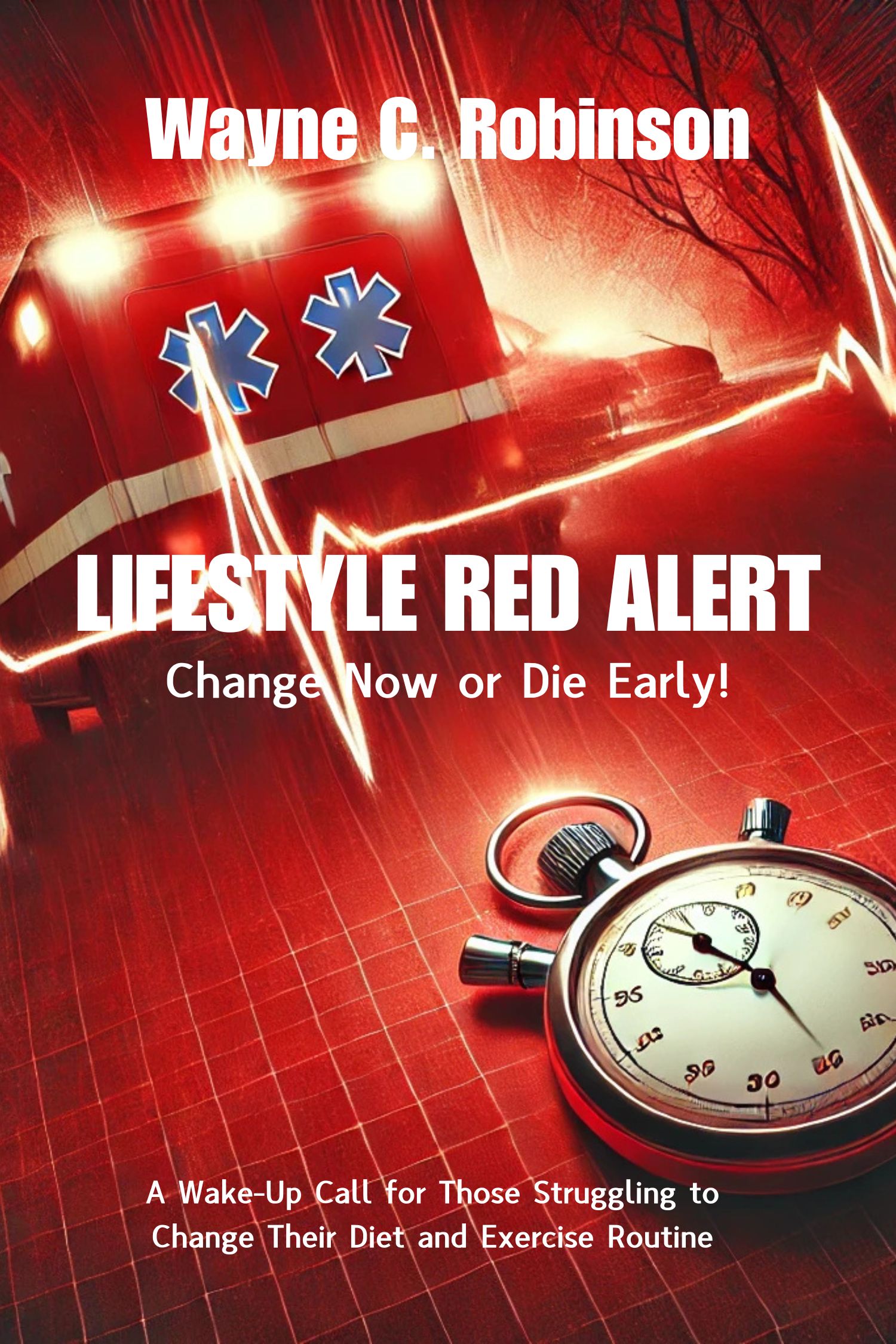 Book cover for 'Lifestyle Red Alert' warning readers to change habits to prevent heart attack and stroke.