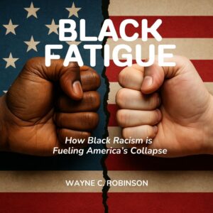 two fists, one black and the other white with torn american flag in the background indicating black fatigue